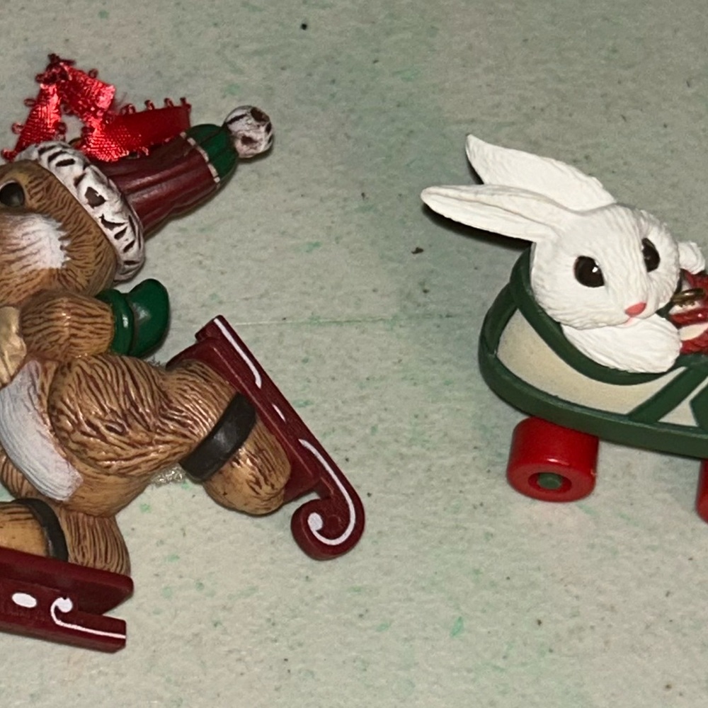 2 Vintage Hallmark Ornaments Skating Rabbits